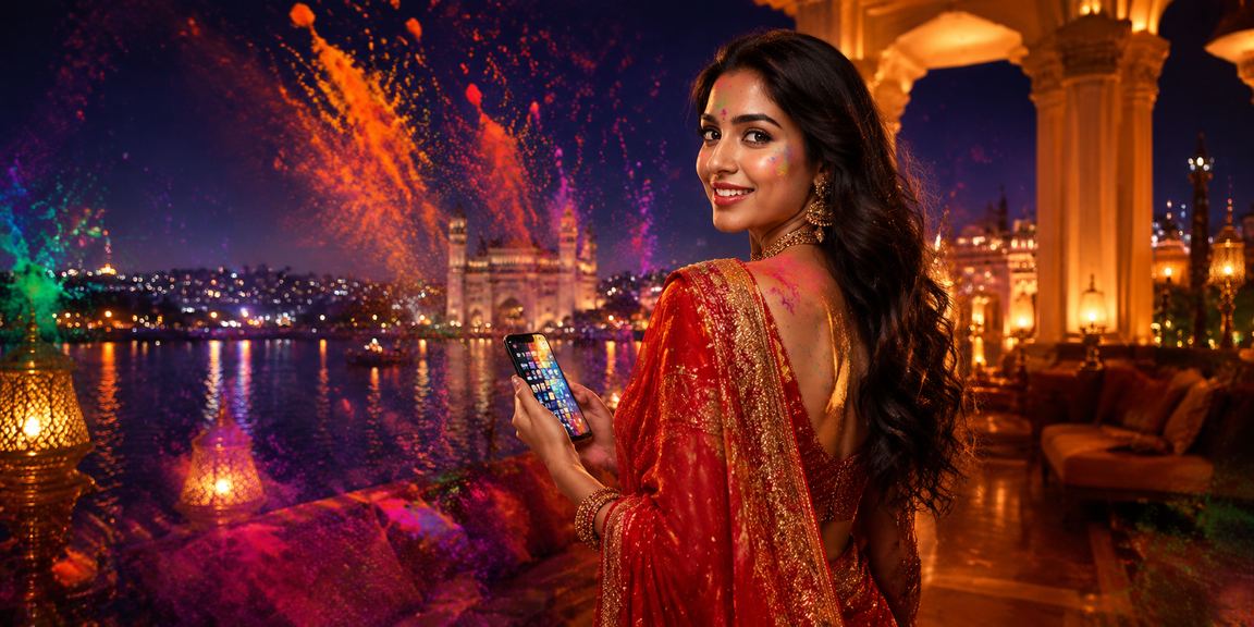 Traditional Indian woman playing online lottery game